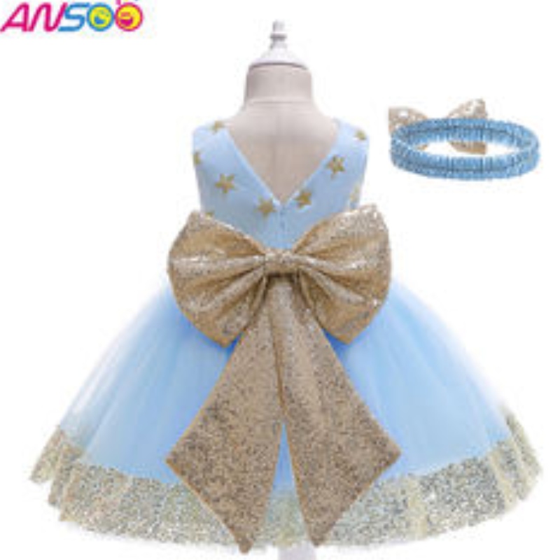 Ansoo Fancy Kids -mekko Uusi saapuminen Lace Flower Girl Star -kuviot ihanat vauvalapset Ensimmäinen syntymäpäivämekko 1-13 vuotta tyttöjä