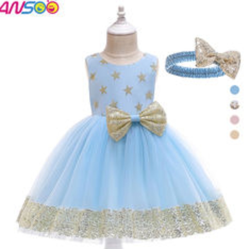 Ansoo Fancy Kids -mekko Uusi saapuminen Lace Flower Girl Star -kuviot ihanat vauvalapset Ensimmäinen syntymäpäivämekko 1-13 vuotta tyttöjä