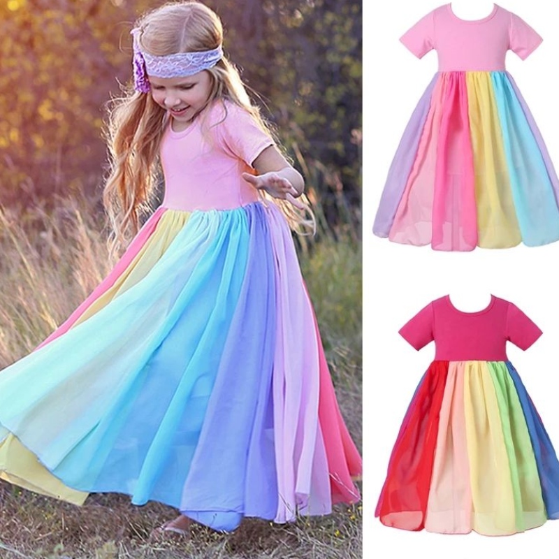 Pienet tytöt Mesh Tyllimekot Spring Summer Rainbow Beach Princess -mekko Lapset Lapset Lyhythihainen Sundress Party Puku
