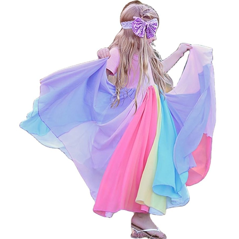 Pienet tytöt Mesh Tyllimekot Spring Summer Rainbow Beach Princess -mekko Lapset Lapset Lyhythihainen Sundress Party Puku