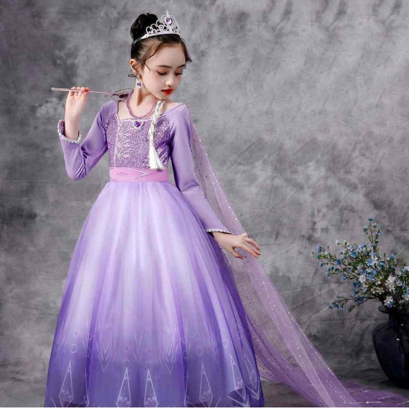 Baige Snow Queen Purple Elsa -mekko joulu Halloween Anna Pukun tytöt pitkähihainen brodeerattuja paljain mekkoja