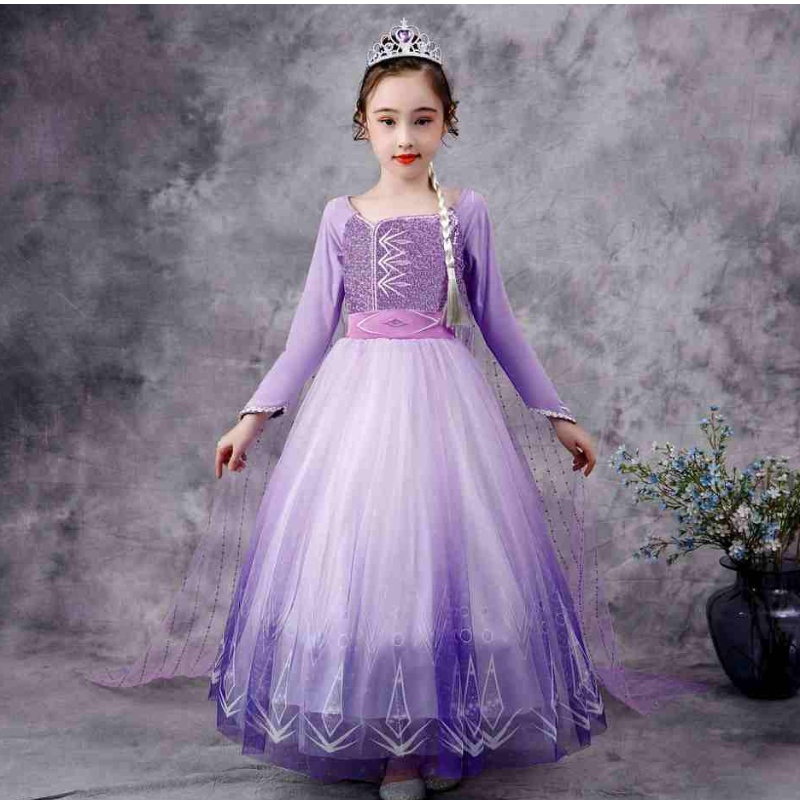 Baige Snow Queen Purple Elsa -mekko joulu Halloween Anna Pukun tytöt pitkähihainen brodeerattuja paljain mekkoja