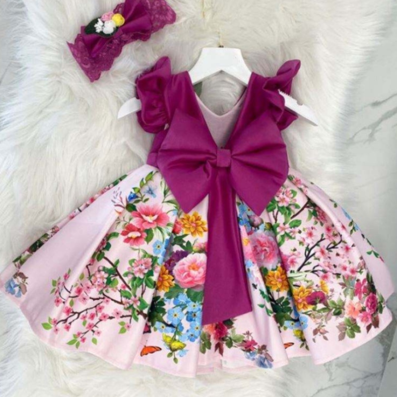 Baige Big Bow Christmas Flower Girl Party Princess -mekko Baige Printed V-Back Birthday Ball -puku L2033XZ