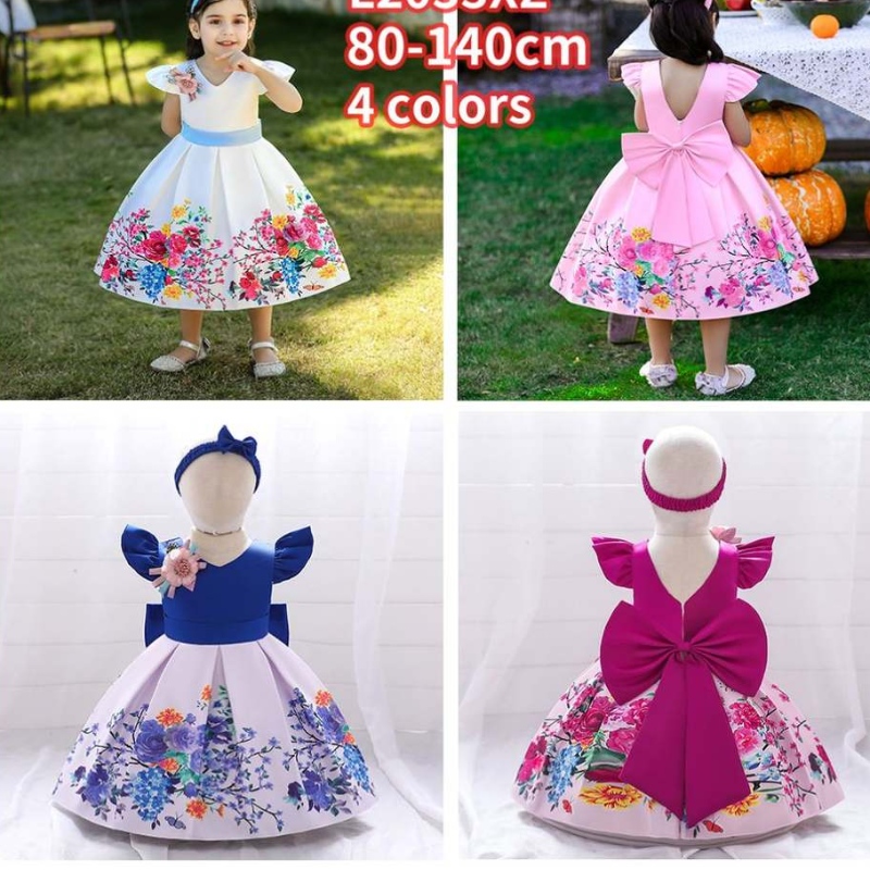 Baige Big Bow Christmas Flower Girl Party Princess -mekko Baige Printed V-Back Birthday Ball -puku L2033XZ