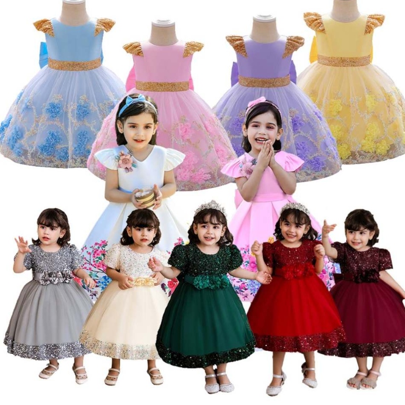 Baige Top Sales Flower Girl V-kaula pitkä hääpuku tyttö Puffy syntymäpäiväpuku pallo puku