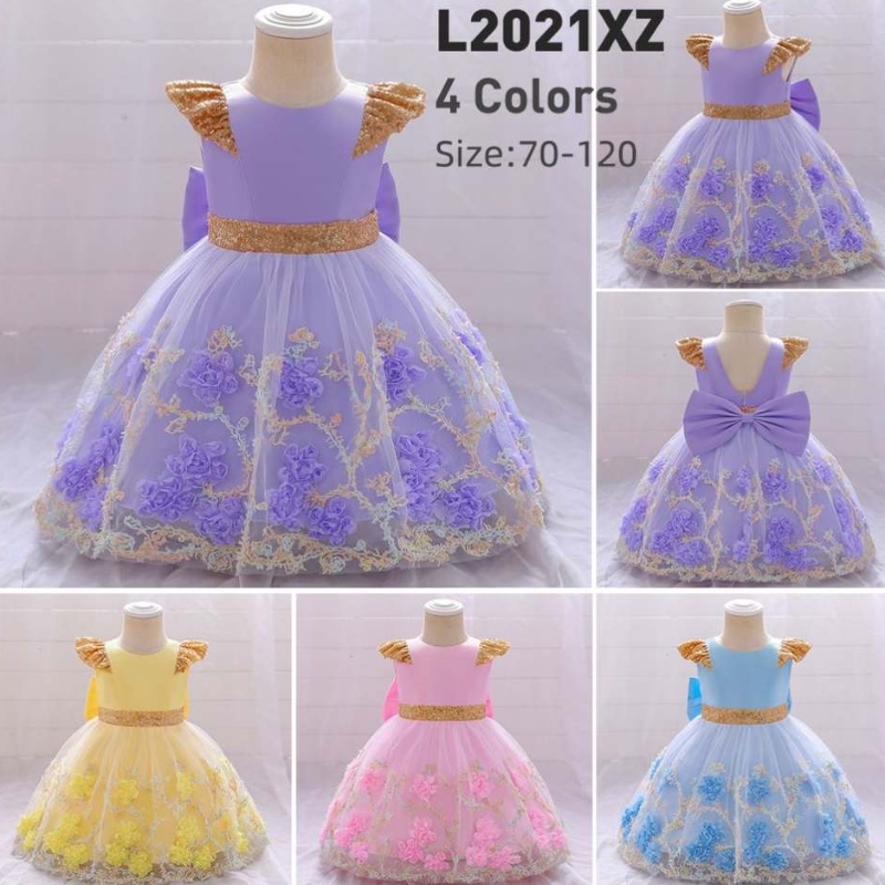 Baige Top Sales Flower Girl V-kaula pitkä hääpuku tyttö Puffy syntymäpäiväpuku pallo puku