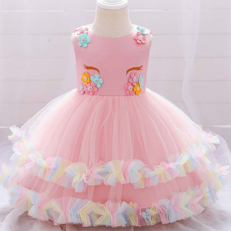 Baige valkoinen yksisarvinen pikkulasten pikkulapset Frock Summer Gaby Girls Cristeing Kaste DJS025