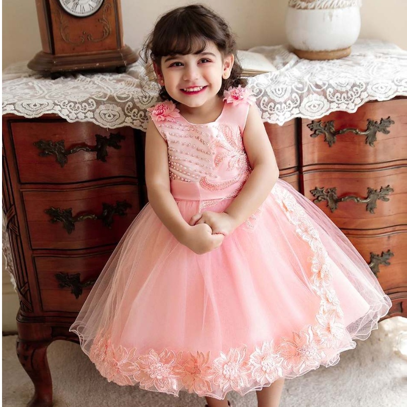 Baige Amazon Hot Sales vastasyntynyt tyttö Pink Dress Flower Girls Syntymäpäiväjuhlakko N2111