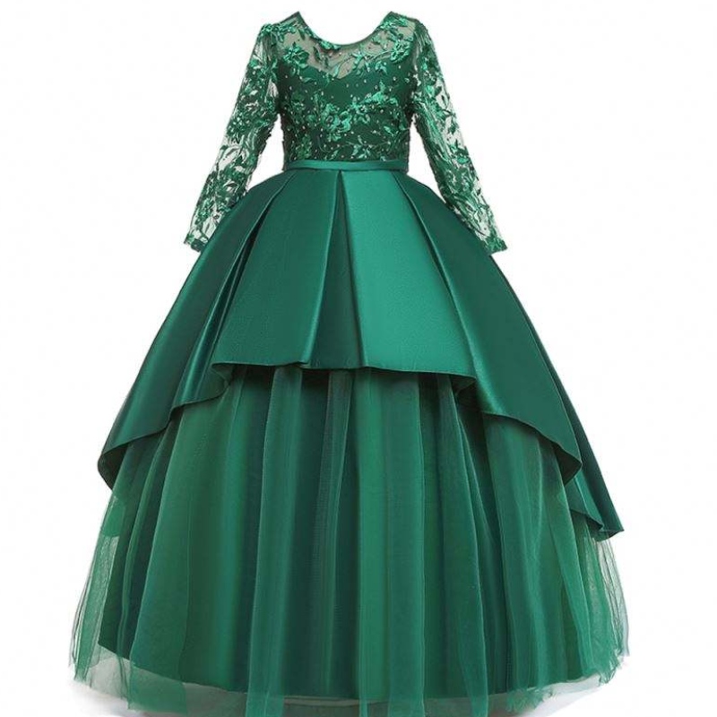 Korkealaatuiset tyttövauvajuhlat Frock Kids Evening Party Gowns Lace Pitkähihna Maxi Dress LP-233