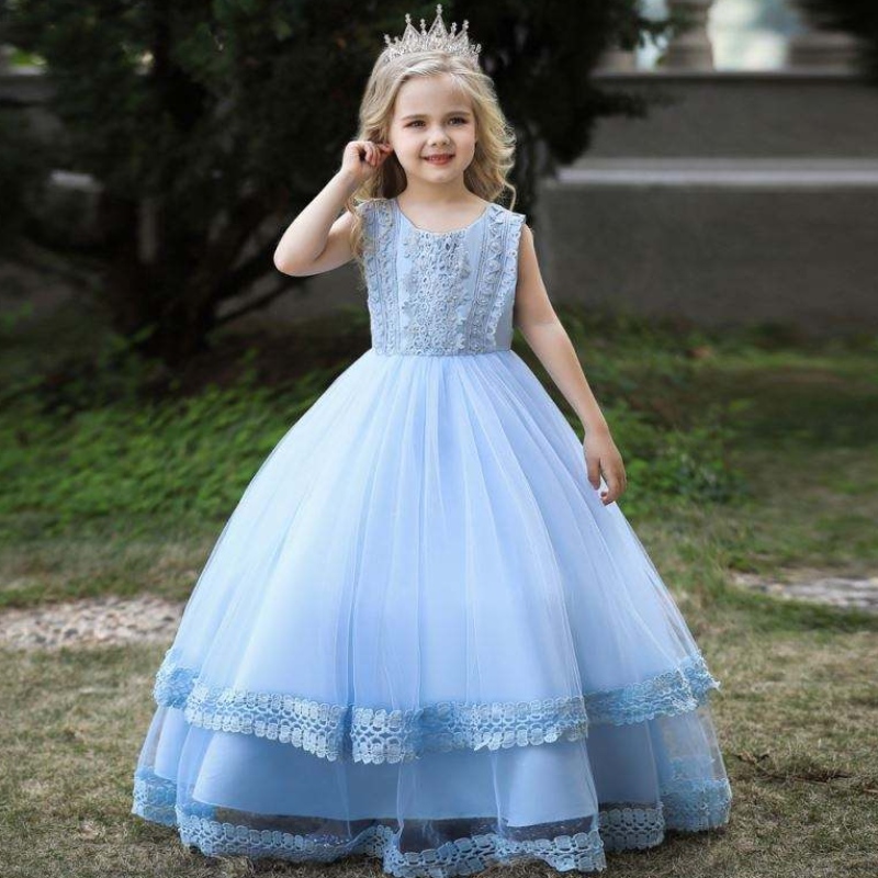 Baige valkoinen lapsi Long Dress Princeant Prom Ball -puvut Hääjuhlat Kukka muodolliset tytöt mekot