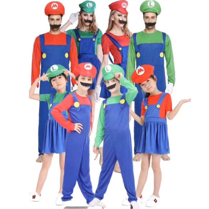 Super Mario vaatteet Aikuiset ja lapset Mario Family Bros Cosplay Pukusarja Lasten lahja Halloween Party Mario&Luigi vaatteet
