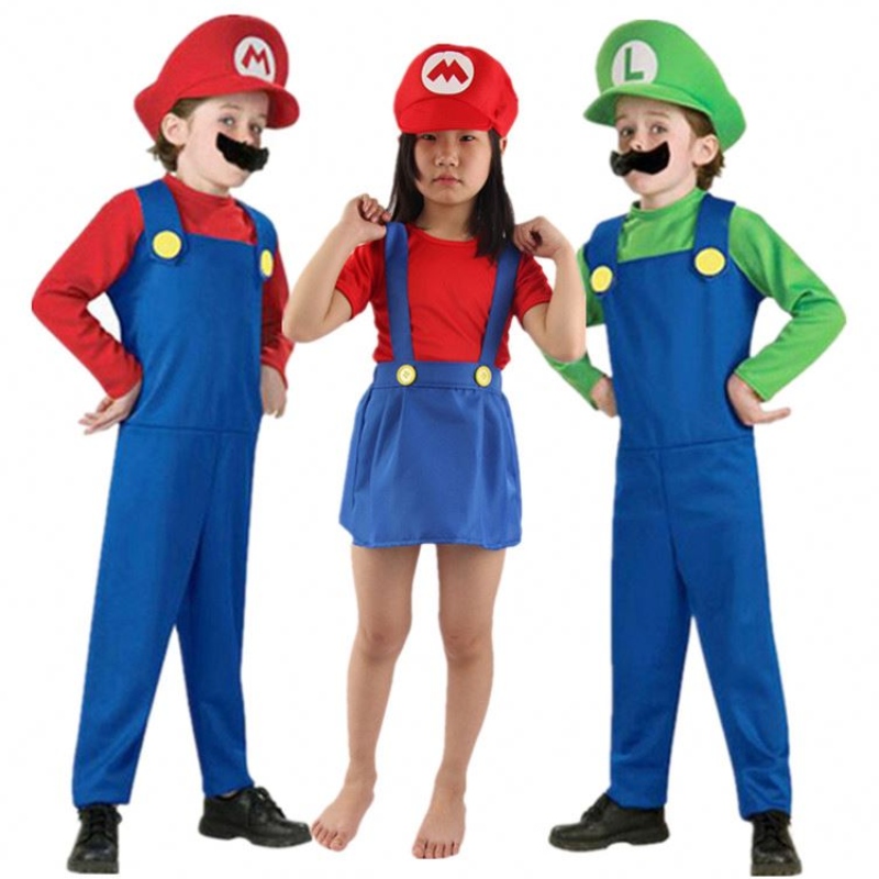 4-12y Child Super Mari Bros Cosplay Jumpsuit -puku poika tyttö Halloween Anime Fantasy Romper Luigi Brothers Dress Hat -puku