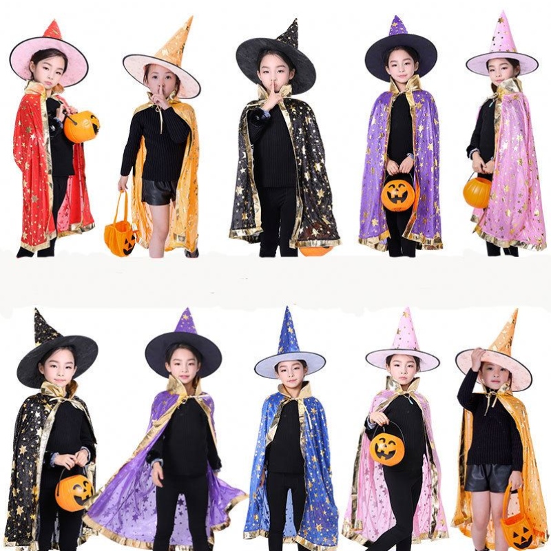 Lapset Halloween -pukujen tähti Wizard Witch Cloak Cape Robe kanssa terävä hattu cosplay Ruokija syntymäpäiväjuhlat Mardi Gras -lisävaruste