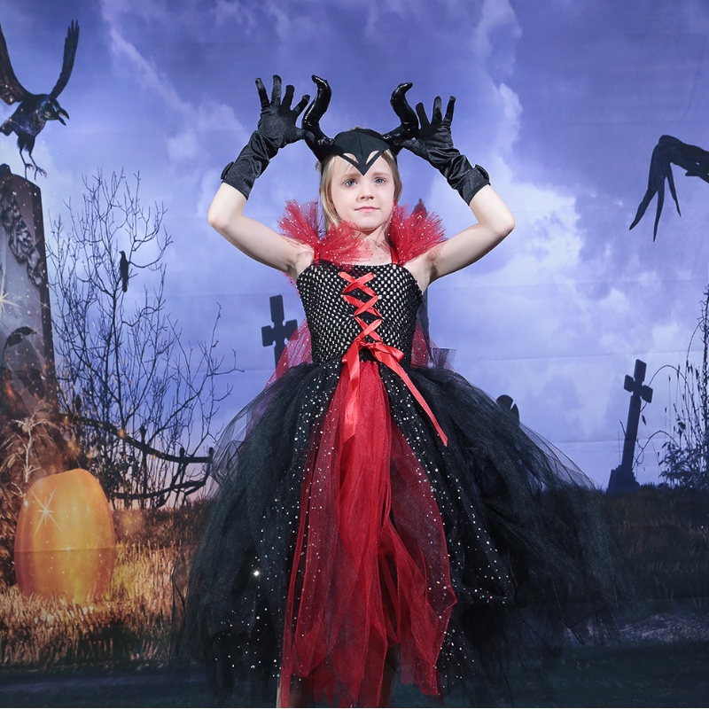 Amazon Hot Myynti Kids Girls Deluxe Halloween Vampire Witch -puku keiju prinsessa paha tutu -pukeutuminen sarvet pääpanta