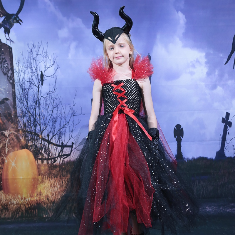 Amazon Hot Myynti Kids Girls Deluxe Halloween Vampire Witch -puku keiju prinsessa paha tutu -pukeutuminen sarvet pääpanta