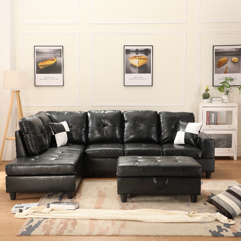 Faux Leather Sectional Sohva Olohuoneen Sohvasarja, jossa säilytys