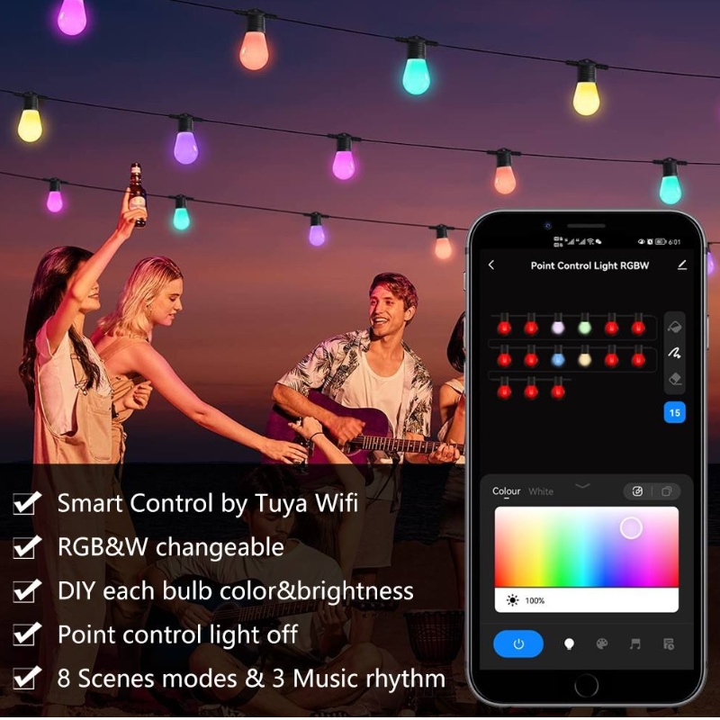 Älykkäät värisäikeet, 48ft Smart Patio Lights RGBW LED -merkkijonovalot, APP&WiFi -ohjaus, toimii Alexan kanssa, värien vaihtavat merkkijonovalot himmennettävillä 15 LED -lampulla, IP65 -vedenpitävä