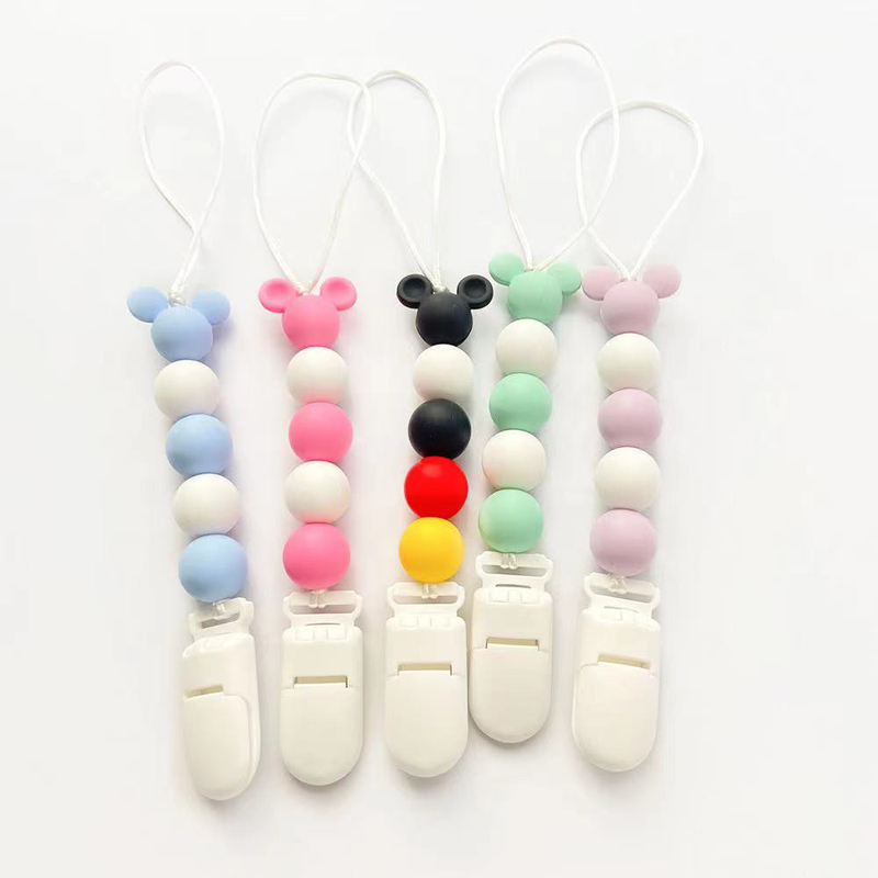 BPA-ilmainen putoamisen vastainen pyökki puu silikonihelmi hammashoitolaite Teether Toy Baby Dummy Nänn-tutti pidike Clip Chain