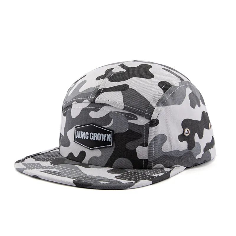 Mukautettu korkealaatuinen mukava litteä reuna snapback caps lapset 5 paneelin leirihattu nahka merkki