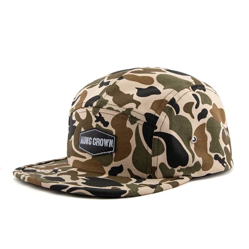 Mukautettu korkealaatuinen mukava litteä reuna snapback caps lapset 5 paneelin leirihattu nahka merkki