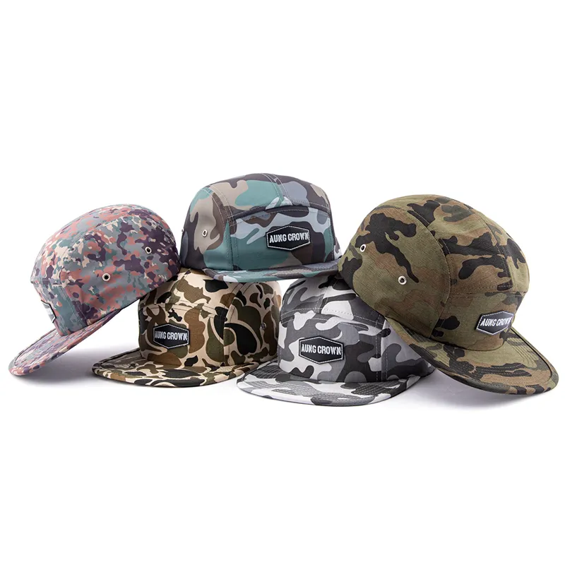 Mukautettu korkealaatuinen mukava litteä reuna snapback caps lapset 5 paneelin leirihattu nahka merkki
