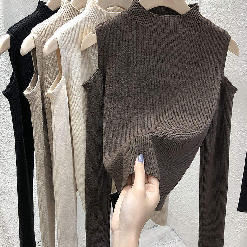 2023 Uusi muoti Naisten talvipaita korealainen yksivärinen olkapäät Long-Sleeve Top -paita paitapaita