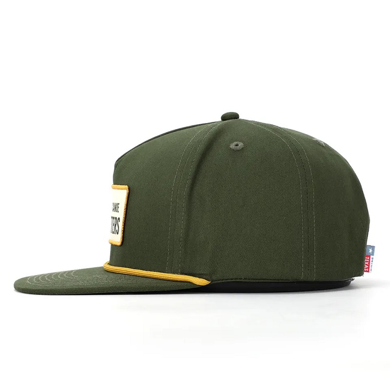OEM Custom korkealaatuinen klassinen 5 paneelin armeijan vihreä puuvillakirjonta kudottu laastari logo köyden snapback cap hattu