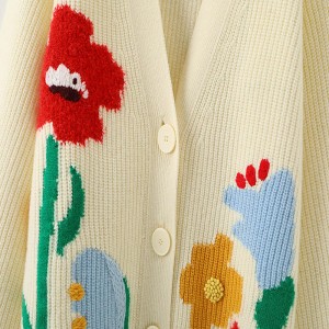 Suunnittelijannaisten puserot räätälöity ylisuuri V-kaula-neulottu kirjonta Ladies Jacquard löysäneuletakki-naisetnaiselle