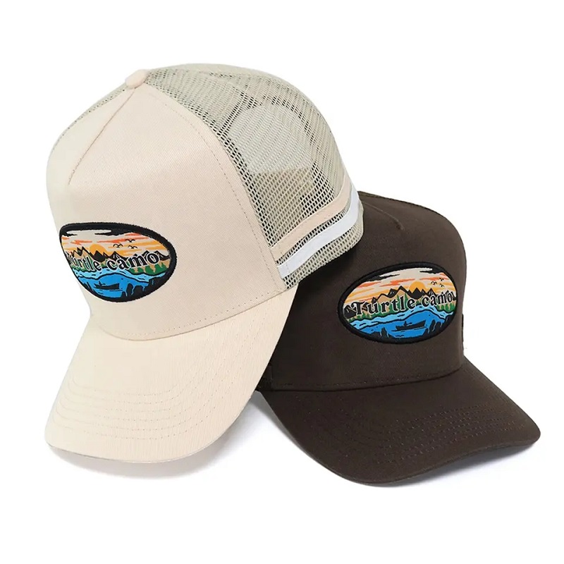 Klassinen Custom High Crown Australia Australia Country Acrylic 5 Panel 3D Brodeerted Logo Side 2 Stripe Trucker Hat -verkkokorkit