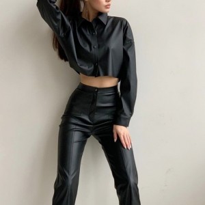 Syksy- ja talvi moottoripyörä seksikäs matta PU-nahka mikroelastinen pitkähihainen lyhyt paita