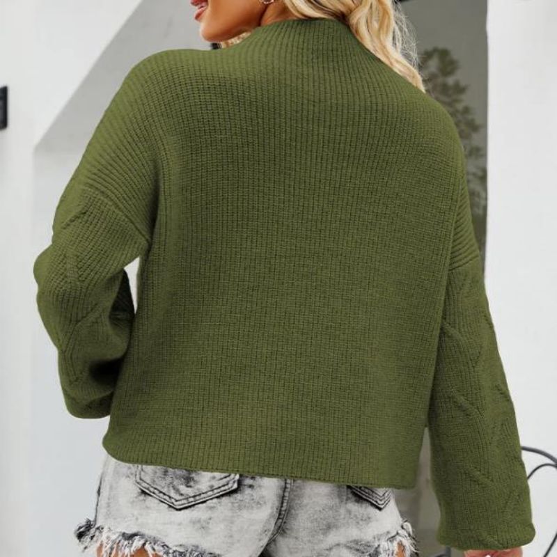 Puhdas väripainike köysipaita löysä pullover -turtleck -naisten pusero