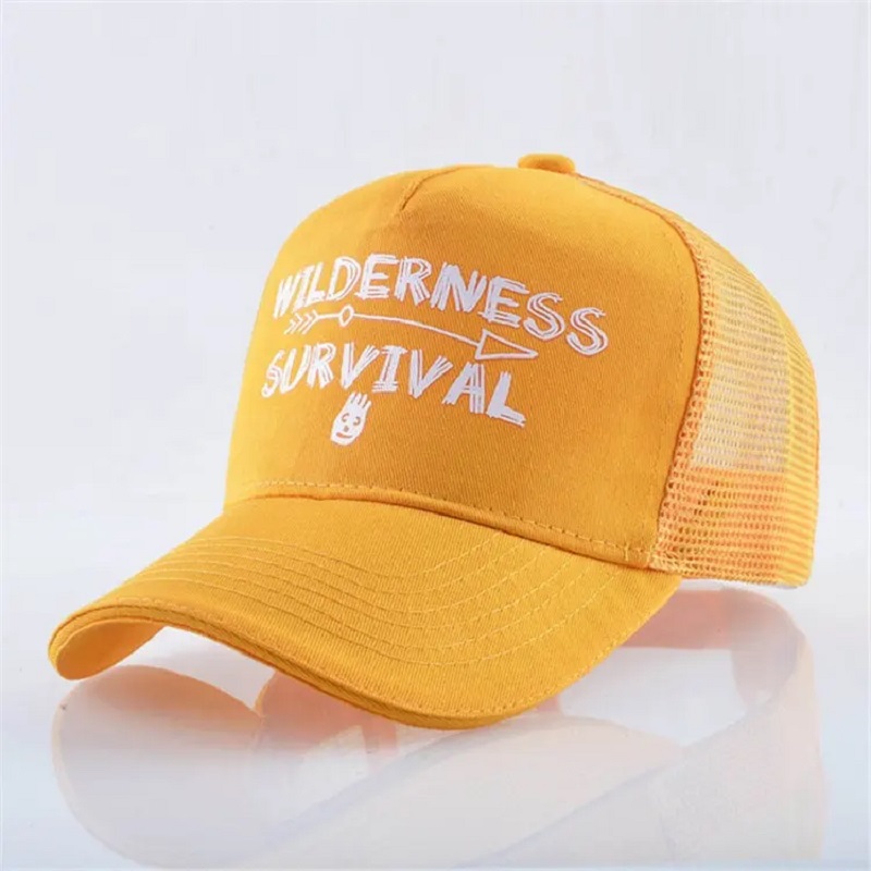 Mukautettu tulostettu keltainen puuvillaa mokkanahkakirjonta rakenteellinen 6 paneelikerroksen korkki Baseball Capp Trucker Hat