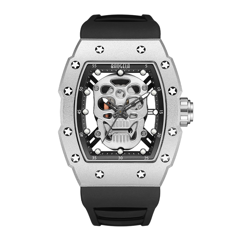 Baogela Skull Tonneau Watch Top Brand Quartz Ruostumattomasta teräksestä valmistetaan Vedenpitävä luova kello Silikoni -hihnan ranne Watch Rose 4141