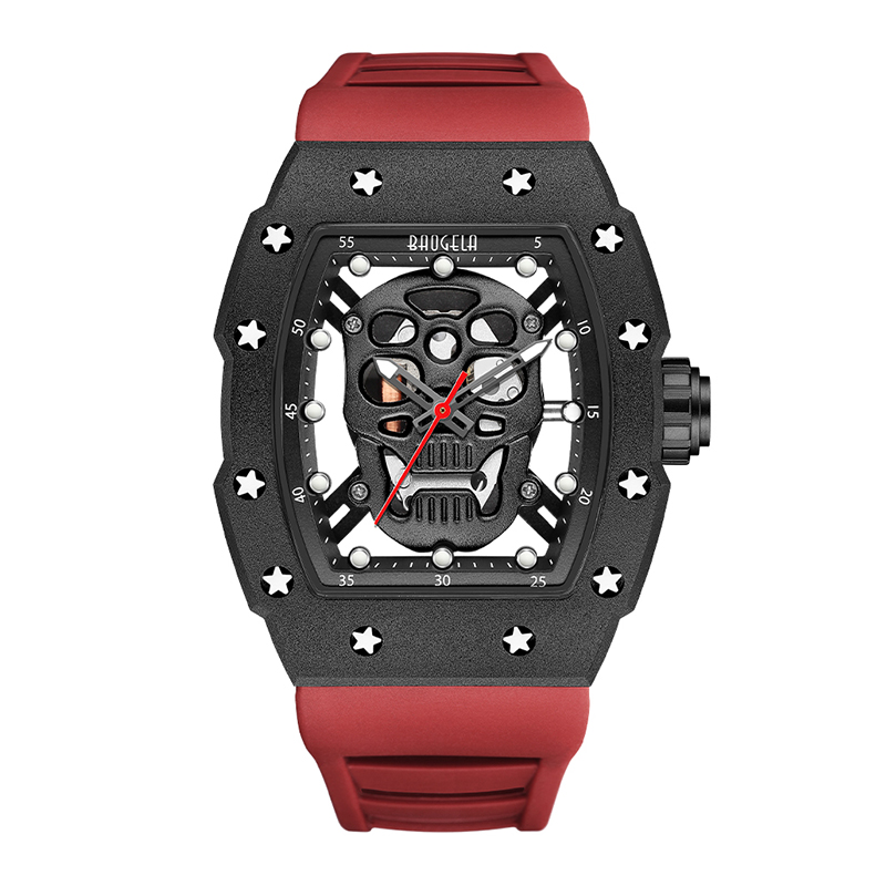 Baogela Skull Tonneau Watch Top Brand Quartz Ruostumattomasta teräksestä valmistetaan Vedenpitävä luova kello Silikoni -hihnan ranne Watch Rose 4141