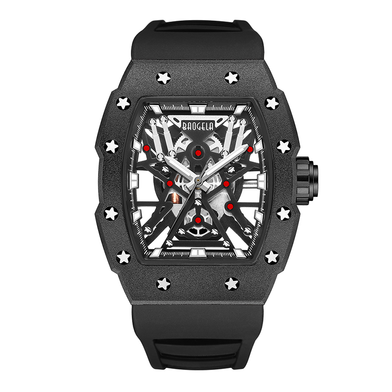 Baogela Top -tuotemerkki hallitseva tonneau Mechanical Industrial Style Skeleton Luminous Vedenpitävä urheilukellot Terällinen silikonikello 4147
