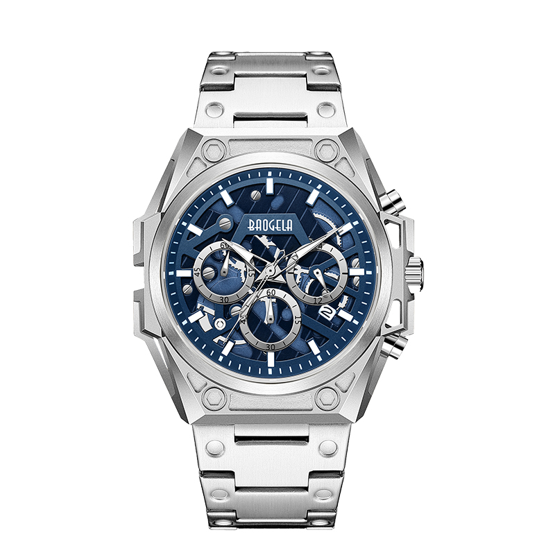 Baogela Ylellinen ruostumattomasta teräksestä valmistettu miesten ylellinen tuotemerkki Sport Nahkahihna Rannekello Vedenpitävä Chronograph Quartz Watch 22605
