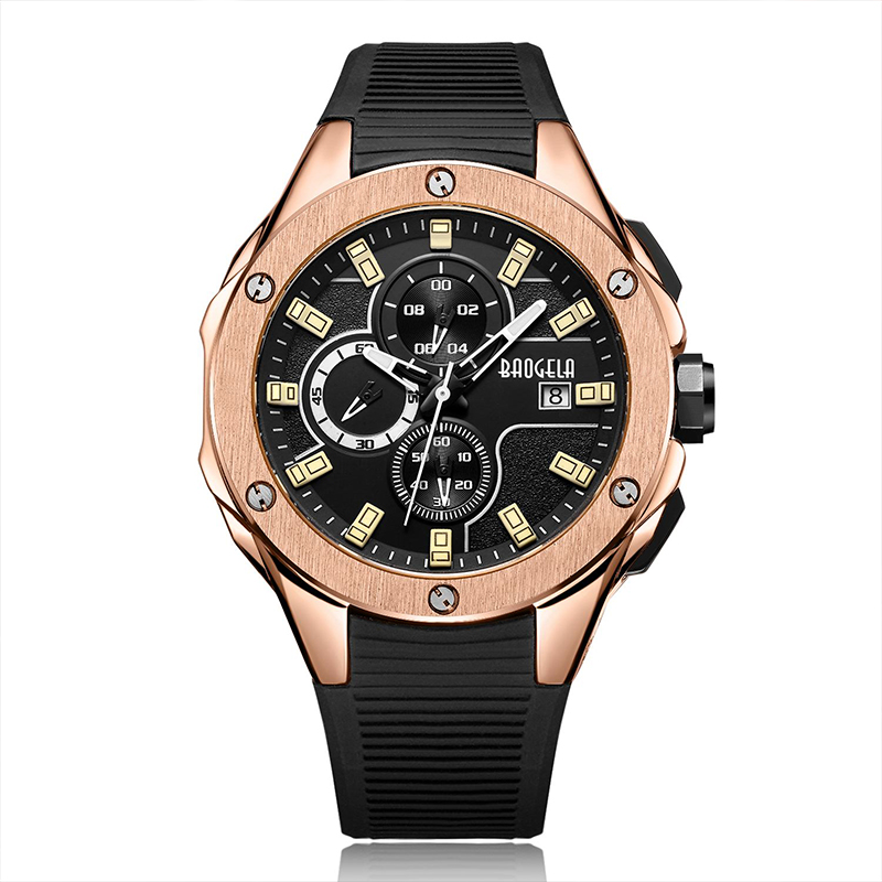 Baogela Luxury Brand Men Silicone Sports Watches Fashion Army Watch Man Chronograph Quartzin rannekello REVIO MASCULINO ROSE 22608