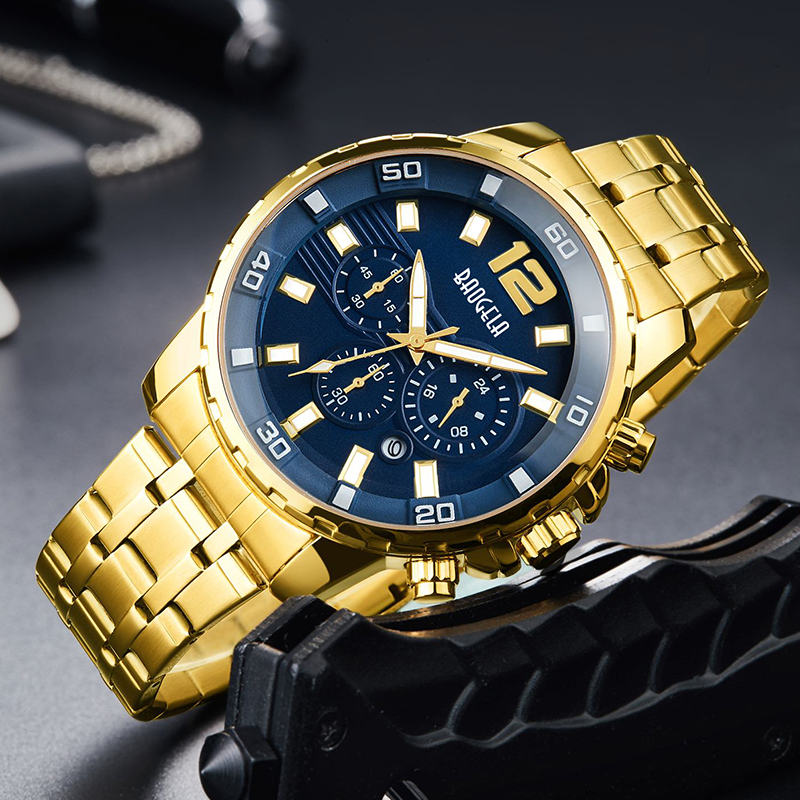 Baogela Quartz Men Gold Watch Top Brand Luxury Armeijan armeijan rannekellokello miesten relogio Masculino Business Rantello 22700