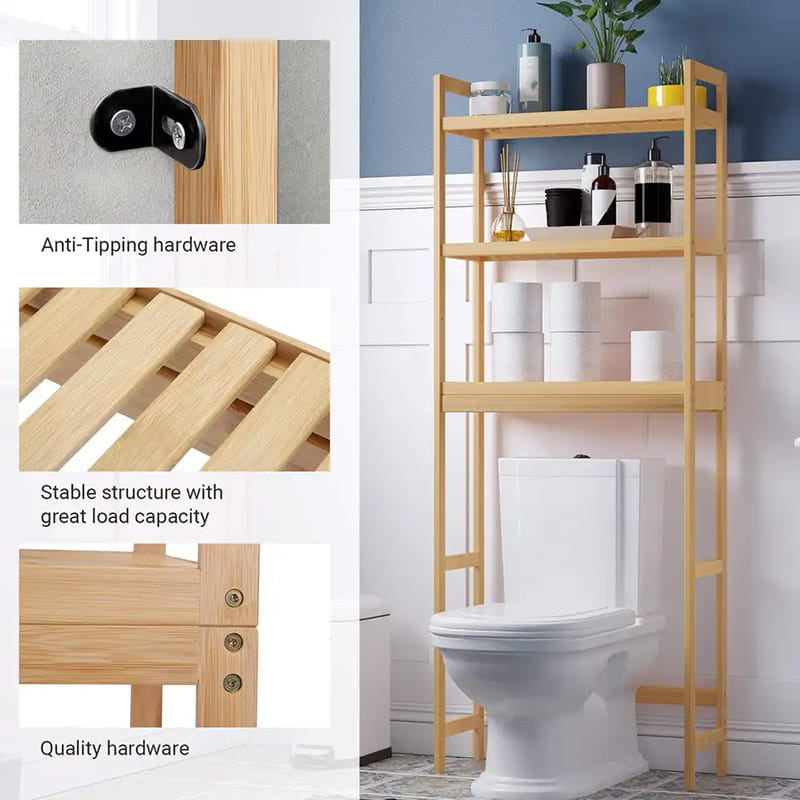 Muokattava 3-tason bambu kylpyhuonekaapin järjestäjä wc-säilytystelineen hyllyn päällä