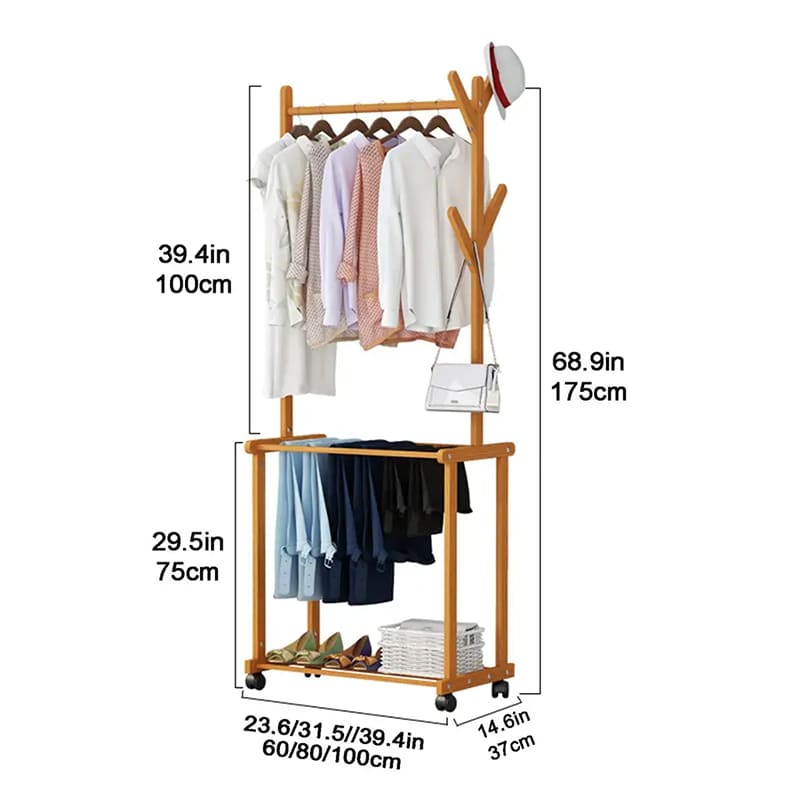 Kaksi kerroksen säilytysteline raskasta rullaavaa vetovaraa tyyppisiä vaatteita ripustusta sauvan lattiakaappi bambu