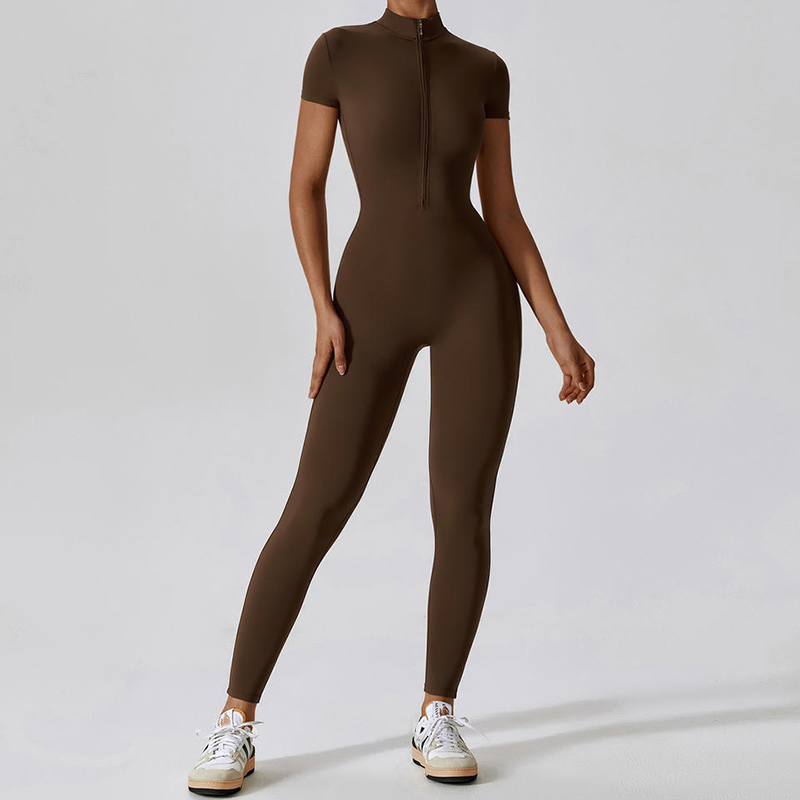 SC1075 Yhden kappaleen harjoittelu Yoga -jumpsuit Solid Shorthole Half Zip Gym Romper Bodysuit