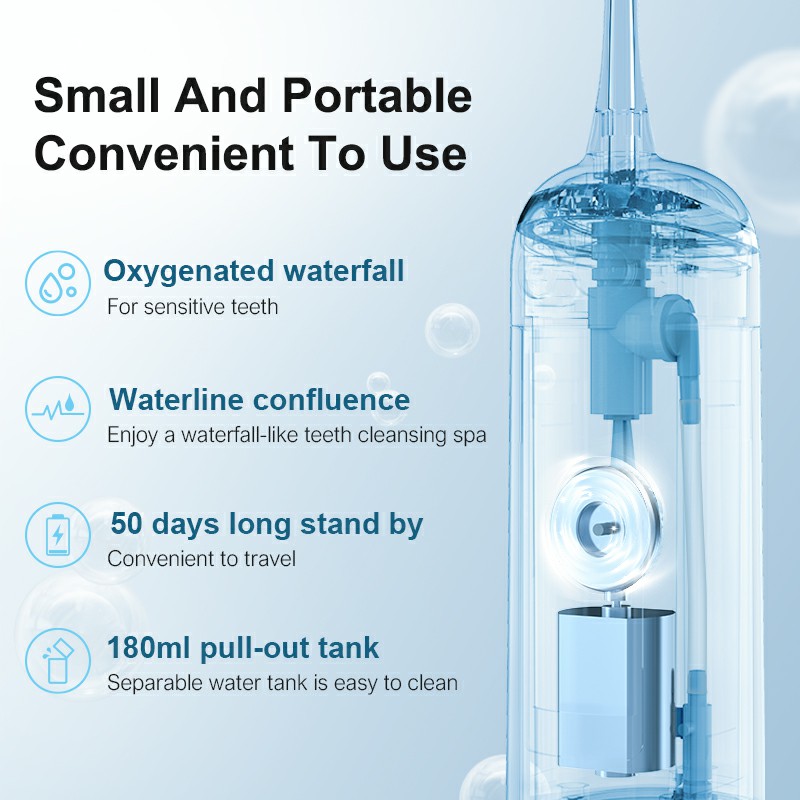 Oraalinen kasgaattori Kannettava hammasveden hammaslääkäri IPX7 Vedenpitävä ladattava 6 moodin hampaiden puhdistusaine 180ml hammasveden vesisuihku