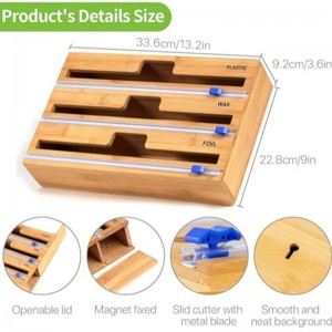 3 in 1 kääre -annostelija leikkurilla, muovikäärillä, alumiinifoliolla ja vahapaperin annostelija keittiön laatikolla, bambu rullajärjestäjän pidikkeellä, yhteensopiva 12 \\\\ \\\