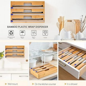 3 in 1 kääre -annostelija leikkurilla, muovikäärillä, alumiinifoliolla ja vahapaperin annostelija keittiön laatikolla, bambu rullajärjestäjän pidikkeellä, yhteensopiva 12 \\\\ \\\