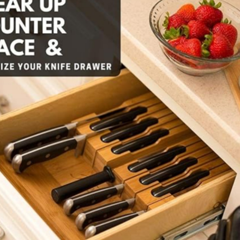 Drawer-bambuveitsilohko pitää 12 veitsiä