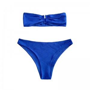 Sininen kuvio erityinen kangas olkaimeton yläosa U-painikkeet Split Swimsuit