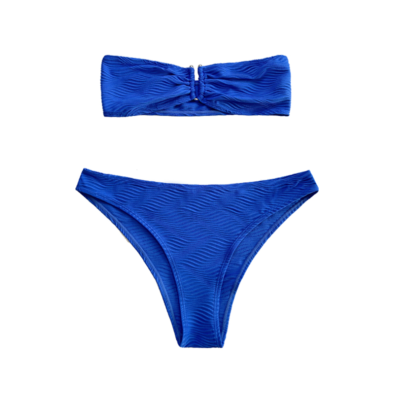 Sininen kuvio erityinen kangas olkaimeton yläosa U-painikkeet Split Swimsuit