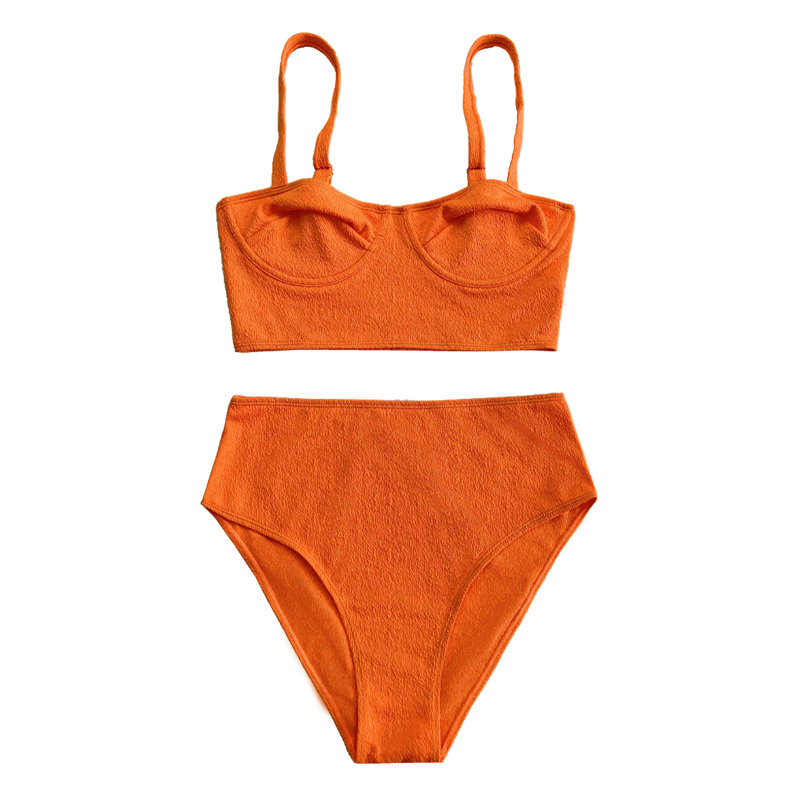 Oranssi rypistynyt kangas leveä helma rintakuva Linko uimapuku
