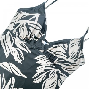 Kannat liivi laskostettu V-kaulavihreä lehti painettu kaksiosainen uimapuku