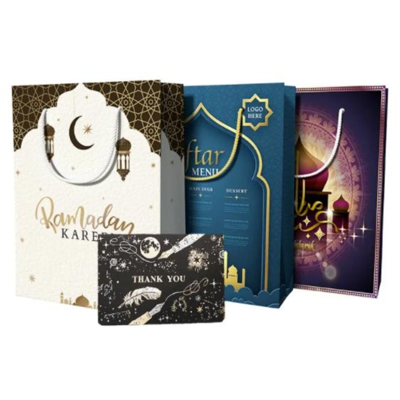 Mukautetun suunnittelun uudelleenkäytettävä Eid Mubarak Ramanda Muslin Islamic Festival Shopping Packaging Paper -lahjapussit kahvoilla